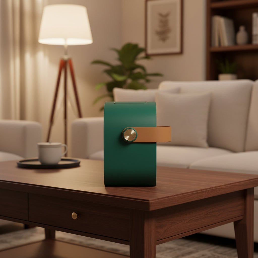 Air cooler and humidifier in green placed on a side table with its wooden carry handle visible.