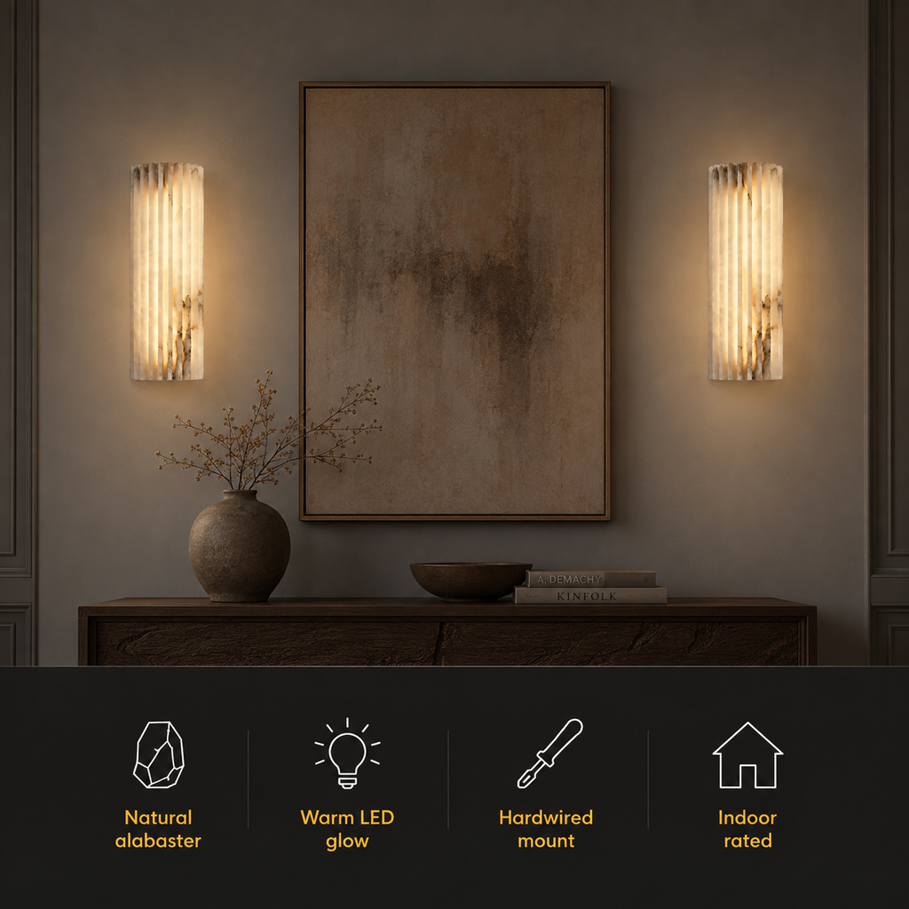 Two wall sconce fixtures glowing on a dark wall above a console with feature icons below.