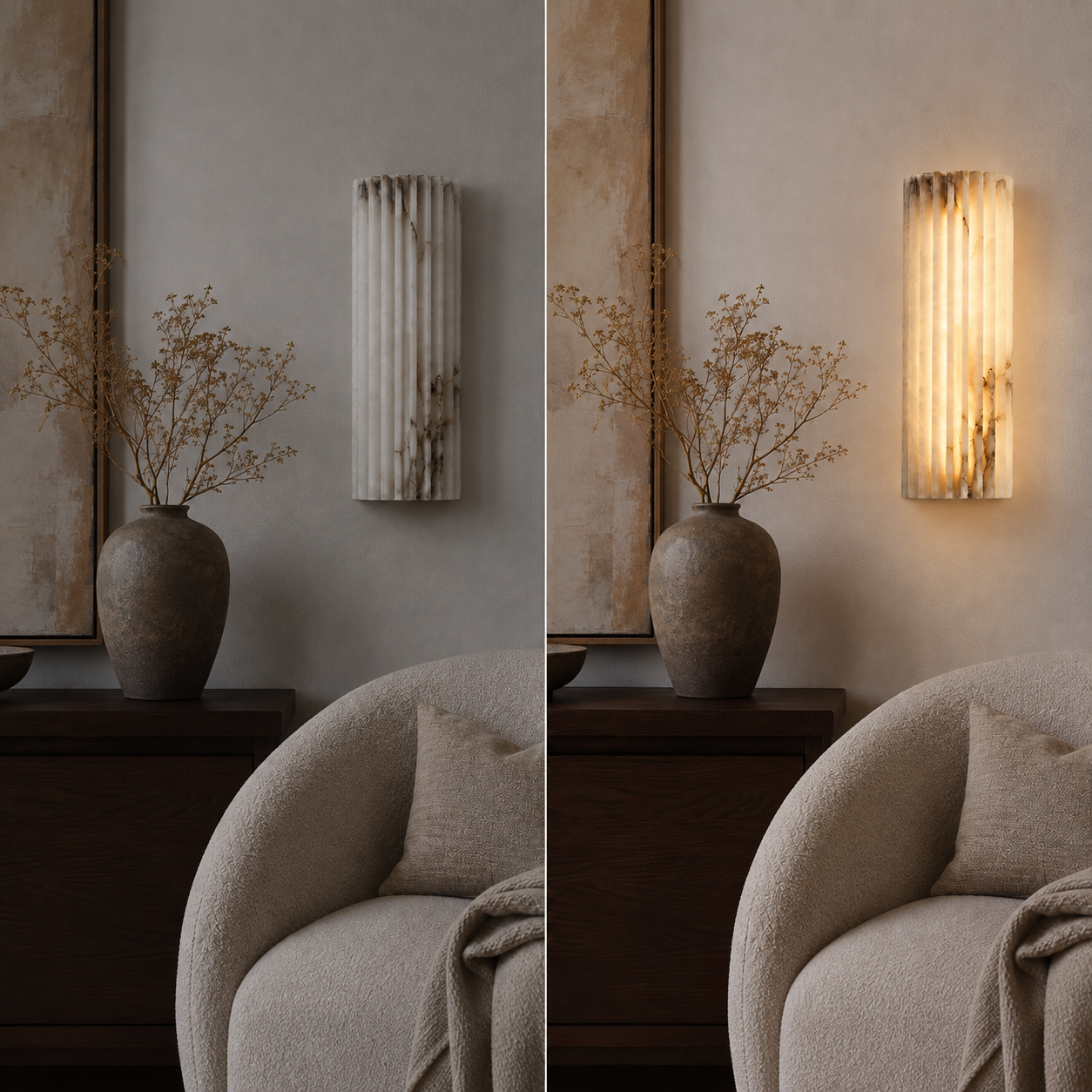Vertical wall sconce glowing beside an armchair in a softly lit living room.