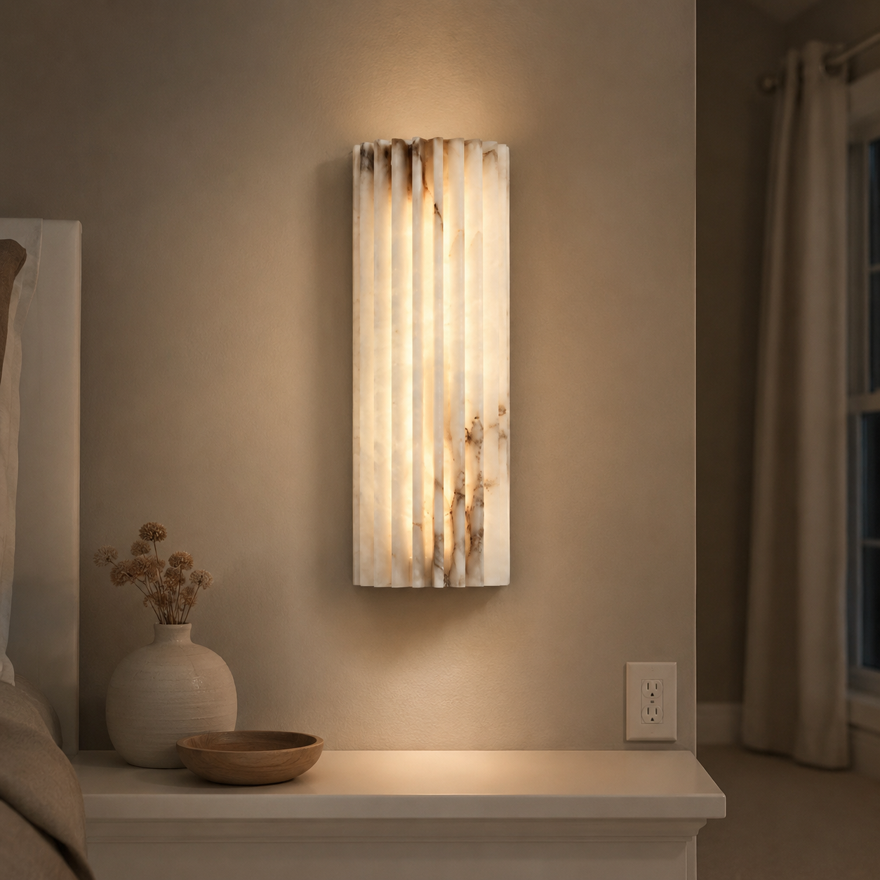 Vertical wall sconce illuminating a recessed wall niche with neutral decor.