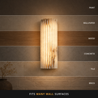 Vertical wall sconce displayed against several labeled wall surface examples.