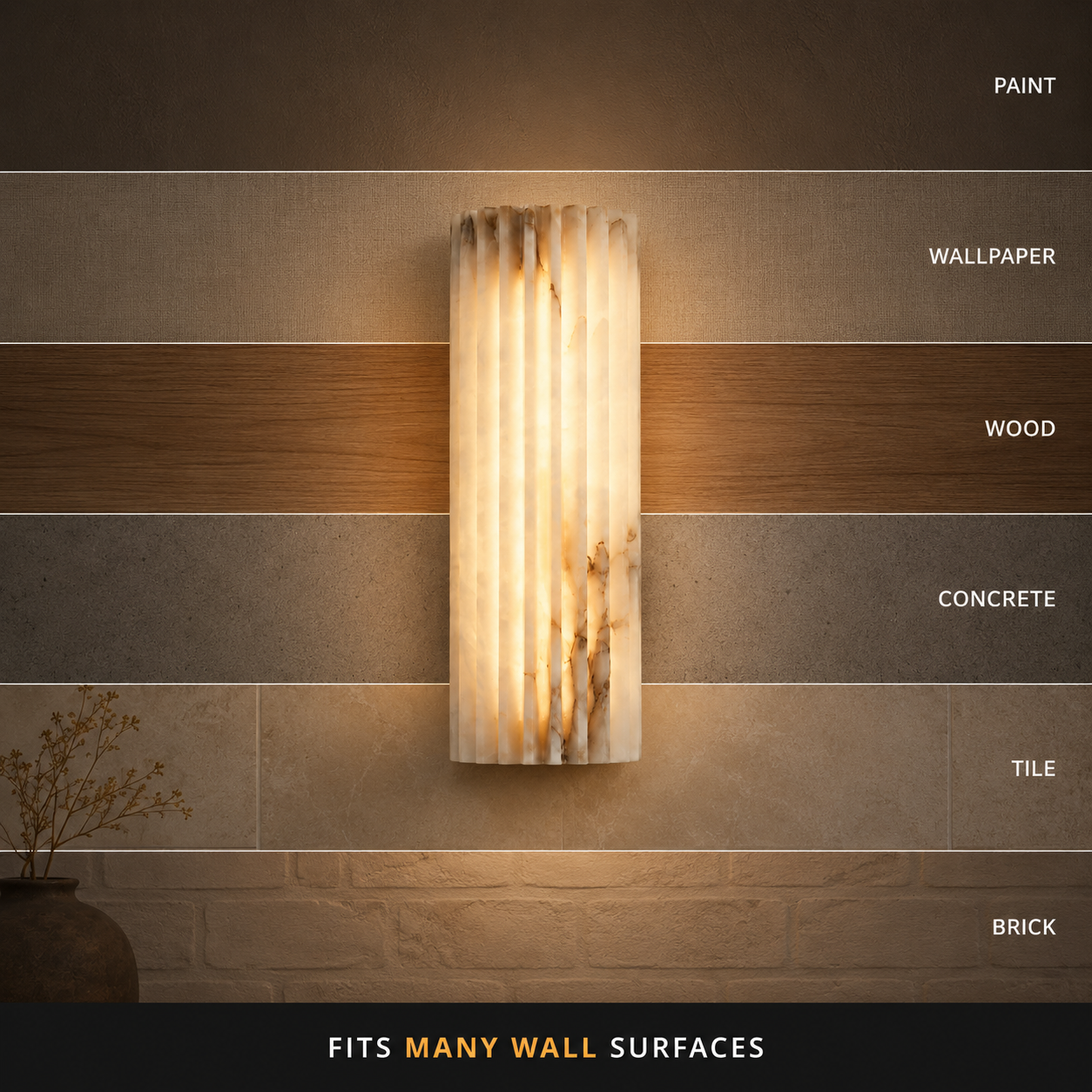 Vertical wall sconce displayed against several labeled wall surface examples.