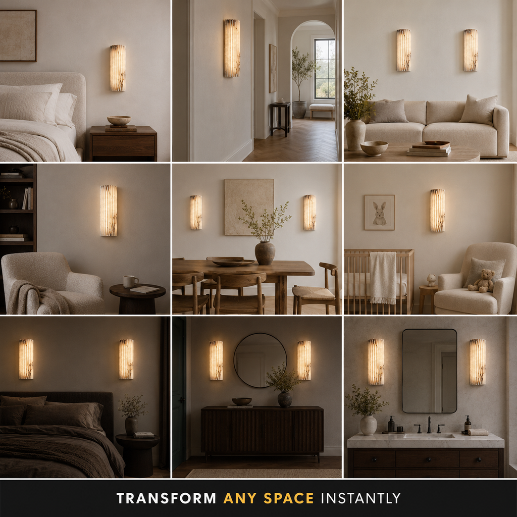 Wall sconce collage showing the glowing fixture in multiple indoor room settings.