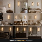 Wall sconce collage showing the glowing fixture in multiple indoor room settings.