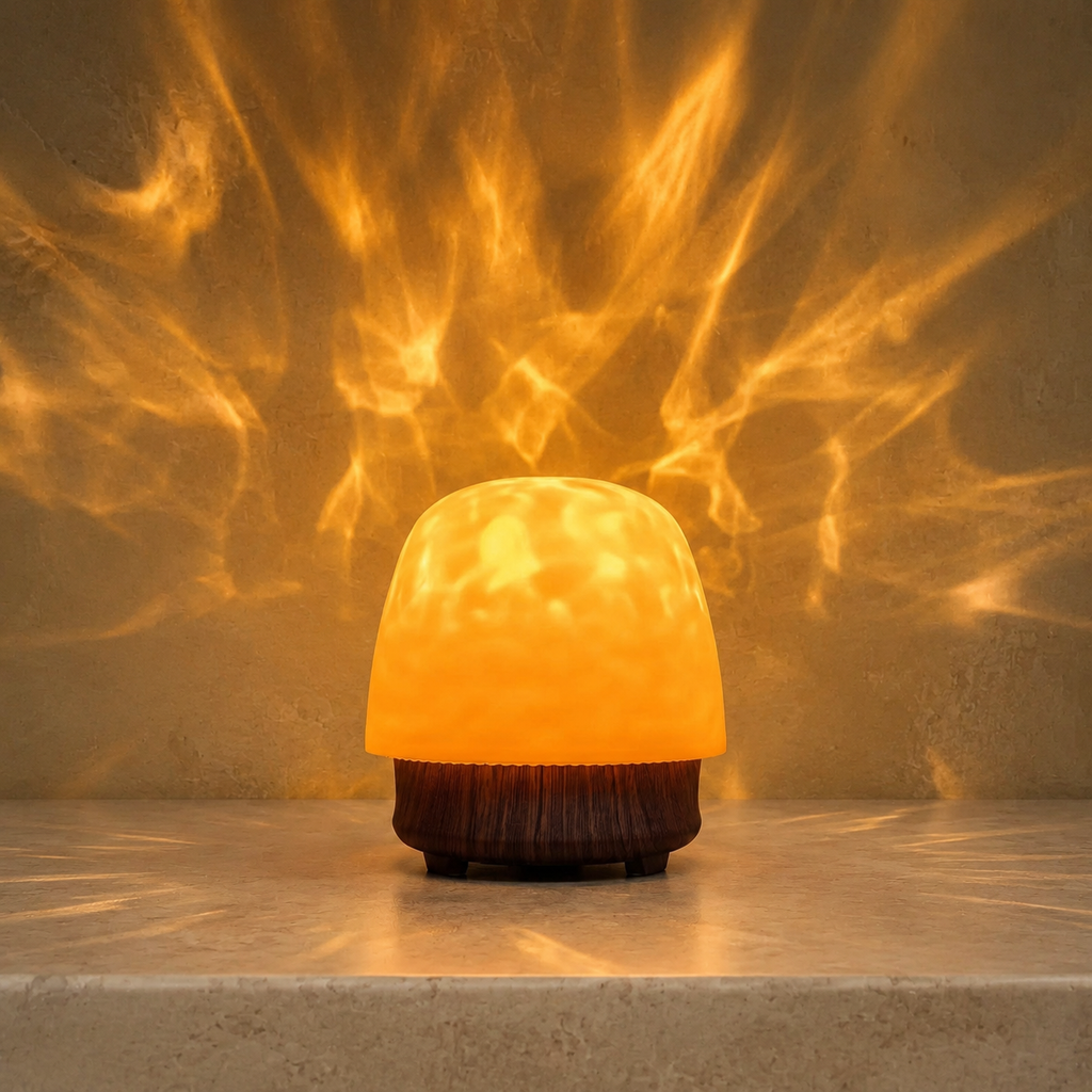 Brown ambient night light projecting warm amber ripples on a travertine console