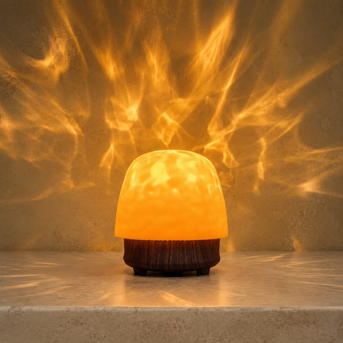 Brown ambient night light projecting warm amber ripples on a travertine console