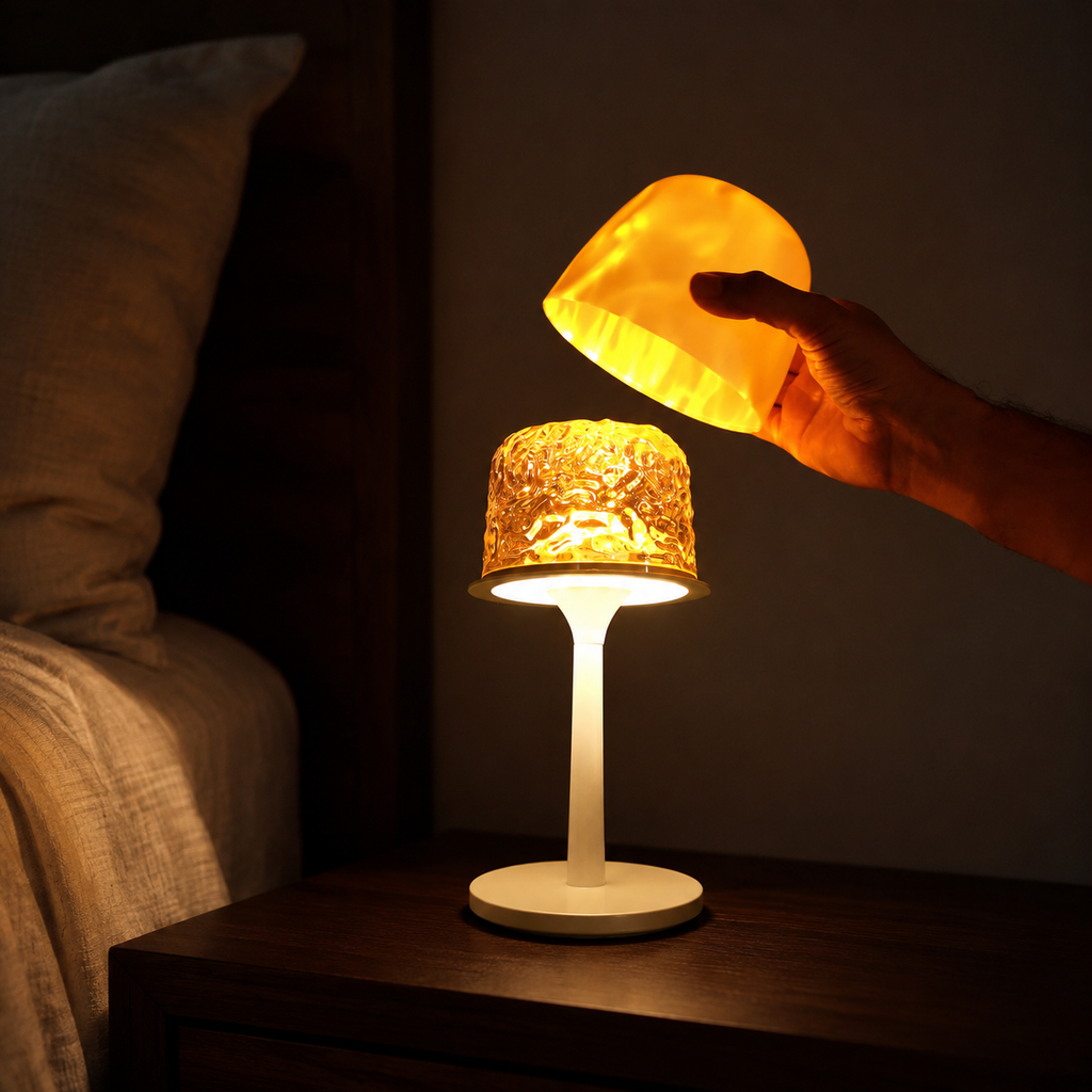 Ambient night light with its glowing shade lifted by hand on a nightstand