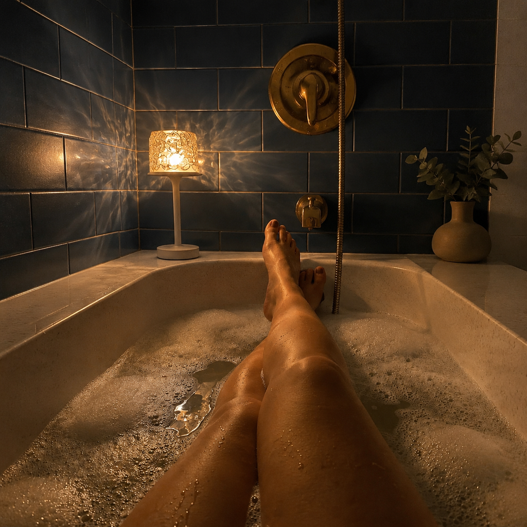 Ambient night light glowing beside a bathtub in a navy tiled bathroom