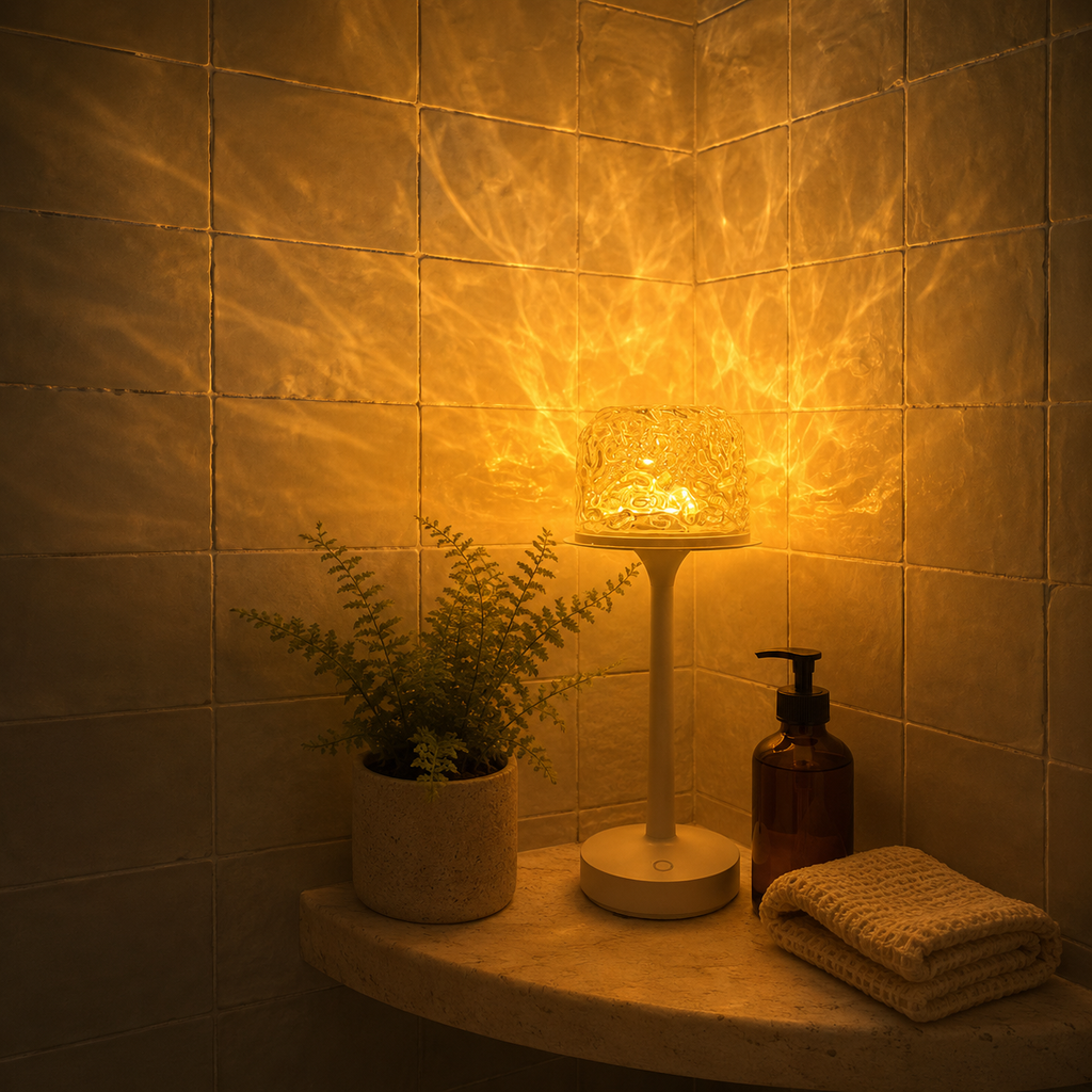 Ambient night light casting amber patterns above a travertine bathroom shelf