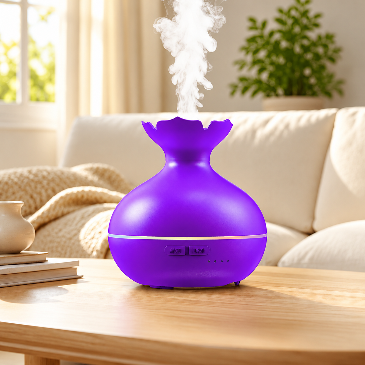 Solid purple aroma diffuser with a flared neck releasing mist on a wooden table