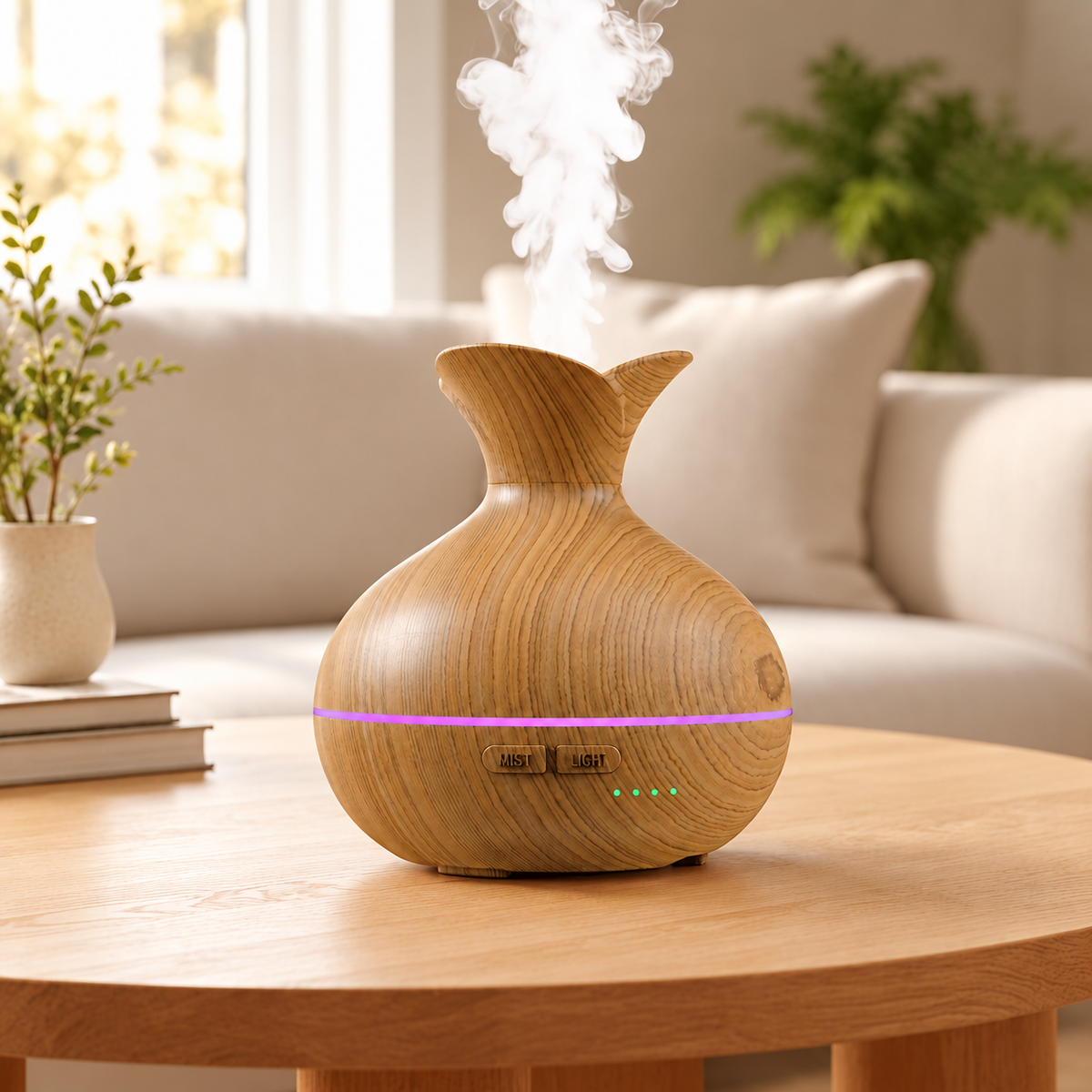 Brown wood grain finish aroma diffuser with a flared neck releasing mist on a wooden table