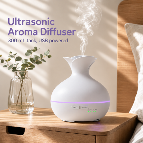 White aroma diffuser releasing mist beside a vase with USB and capacity information