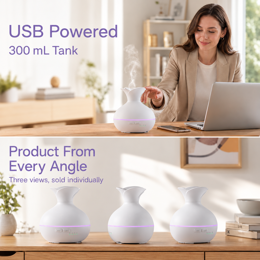 Aroma diffuser collage showing desk use and three angles of the same white model