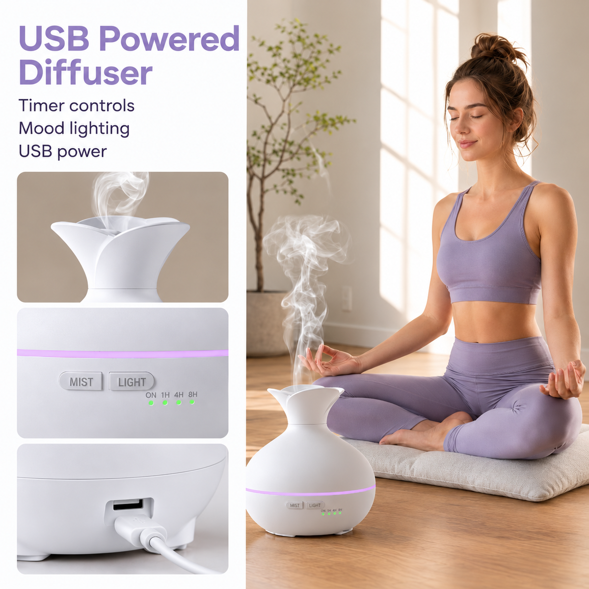 Aroma diffuser collage with close ups of its neck, controls and USB connection
