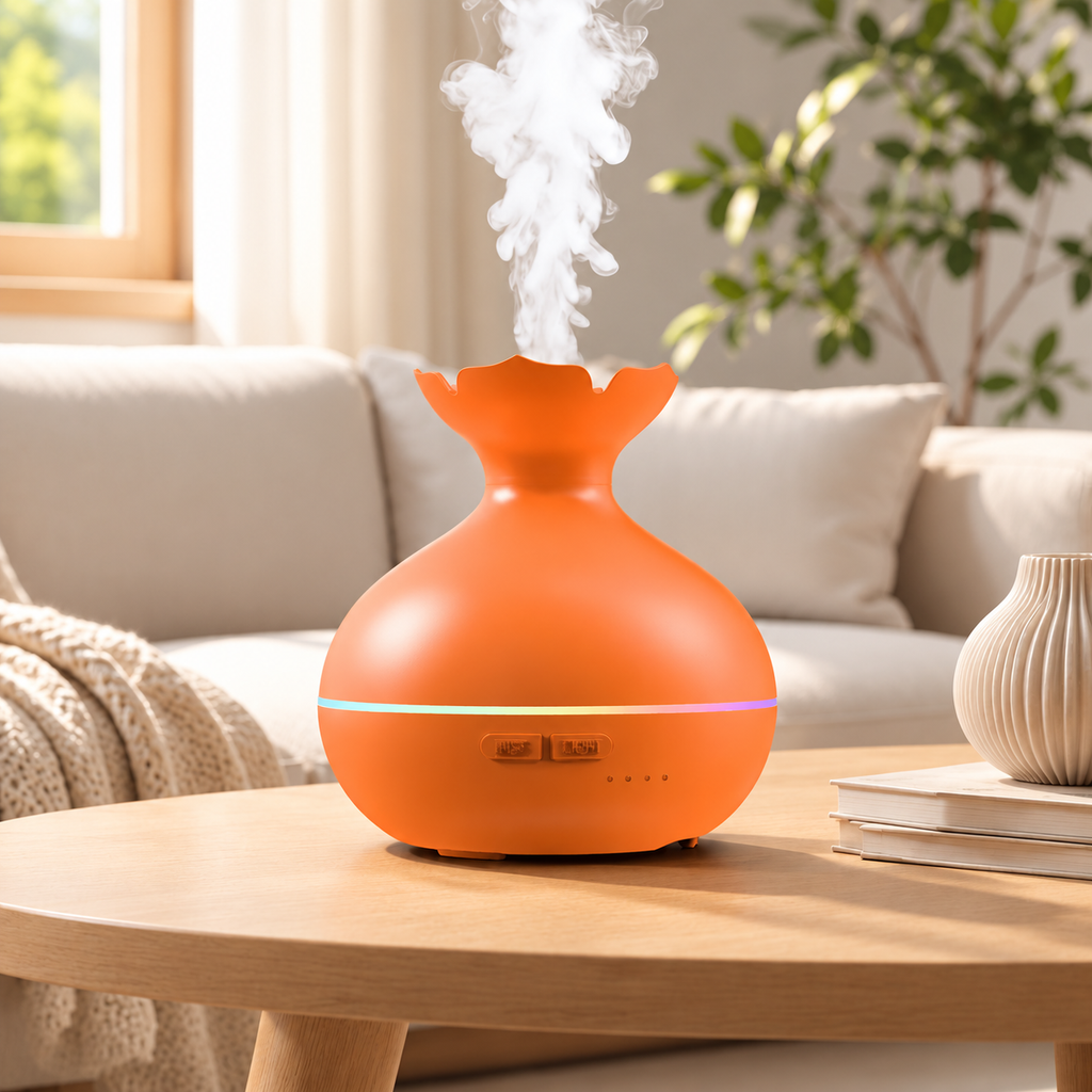 Solid orange aroma diffuser with a flared neck releasing mist on a wooden table