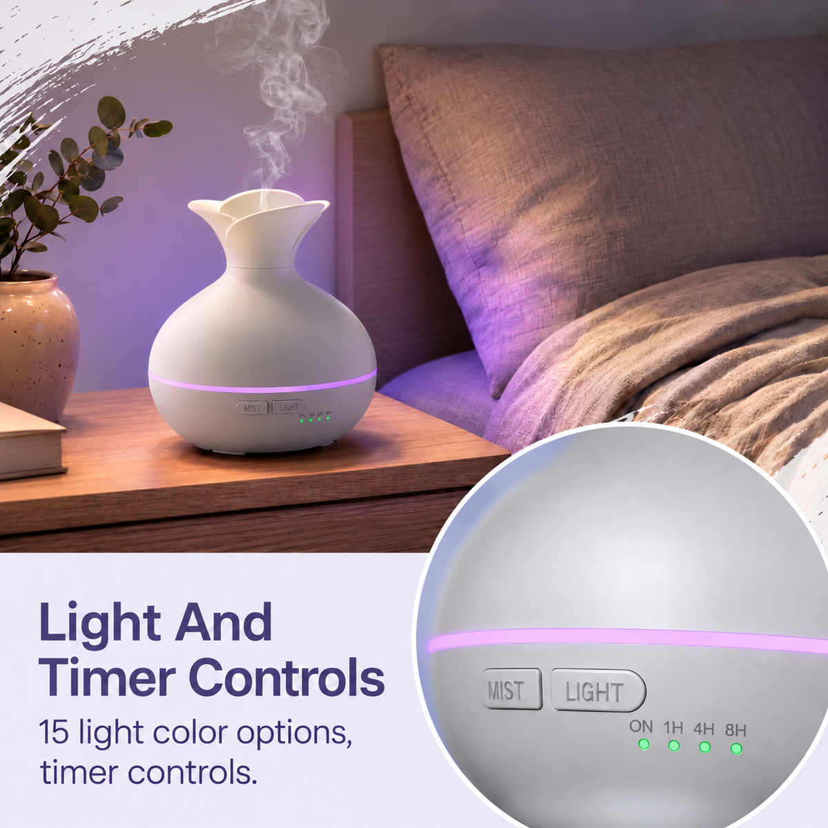 Aroma diffuser light and timer control close up with indicator lights