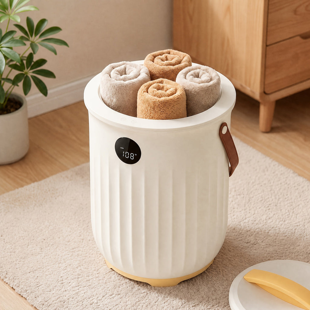 White aroma towel warmer bucket filled with rolled towels beside its lid