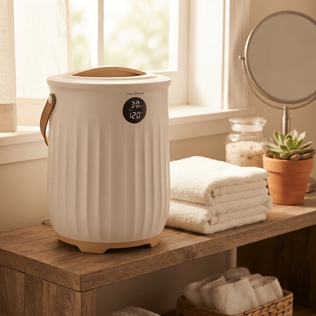 Beige fluted towel warmer bucket on a wooden bathroom counter