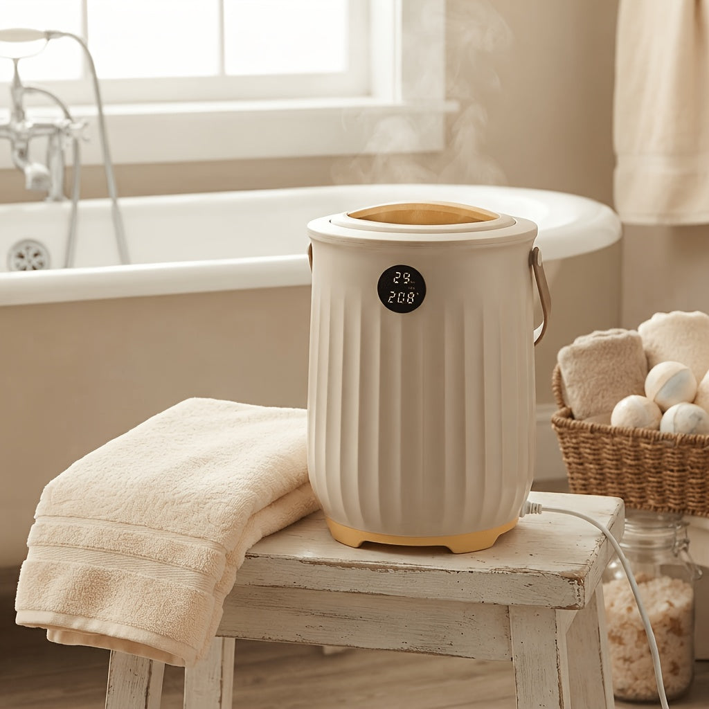 Beige aroma towel warmer bucket on a stool beside a bathtub