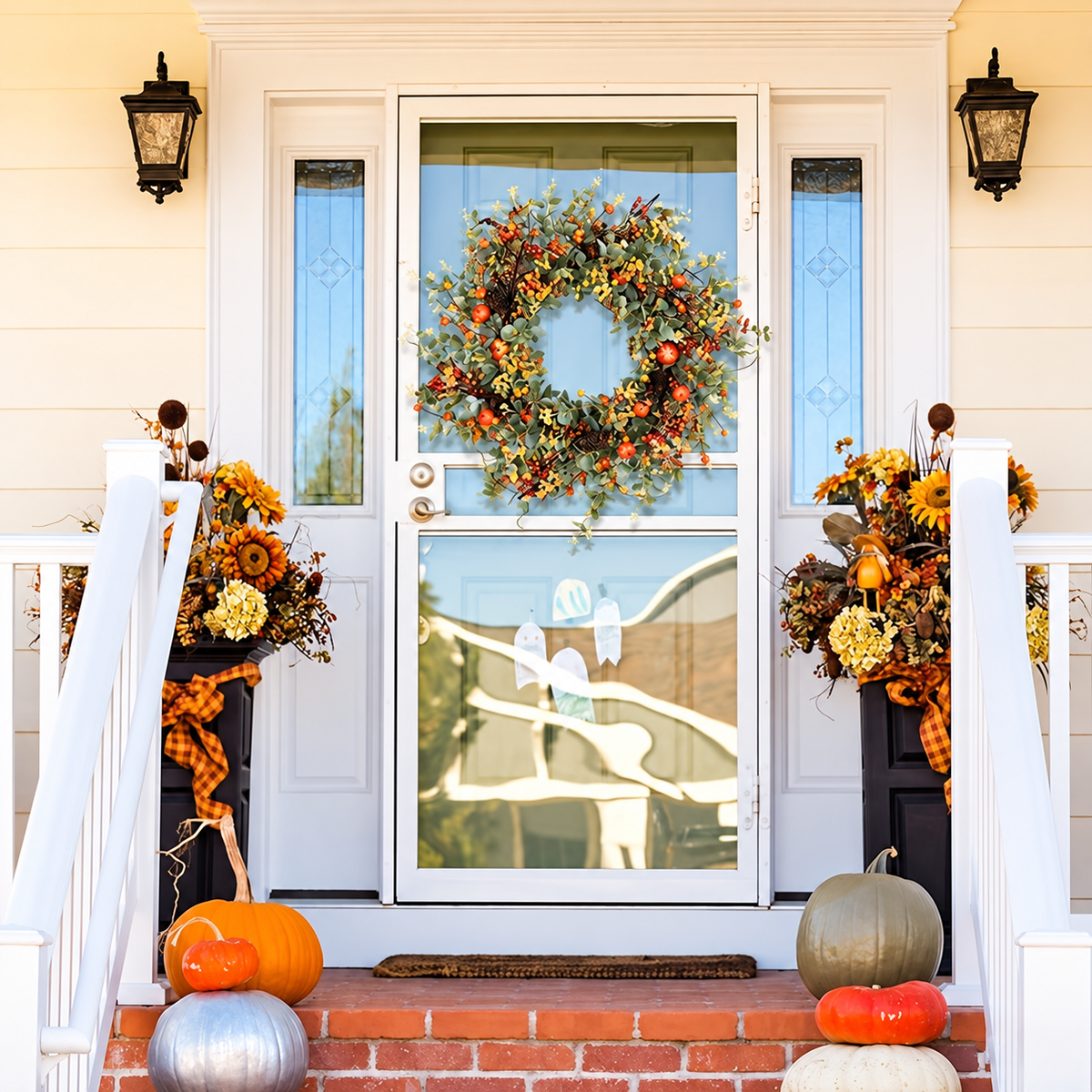 Autumn harvest wreath displayed on a pale blue front door with separate porch props