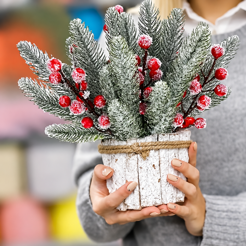 Person holding a planter arrangement of snowy artificial cedar and berry sprigs