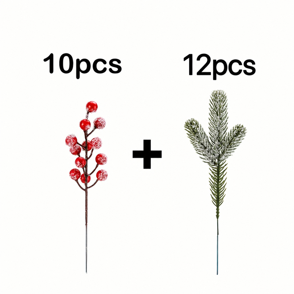 Set contents diagram showing ten red berry sprays and twelve snowy cedar sprigs