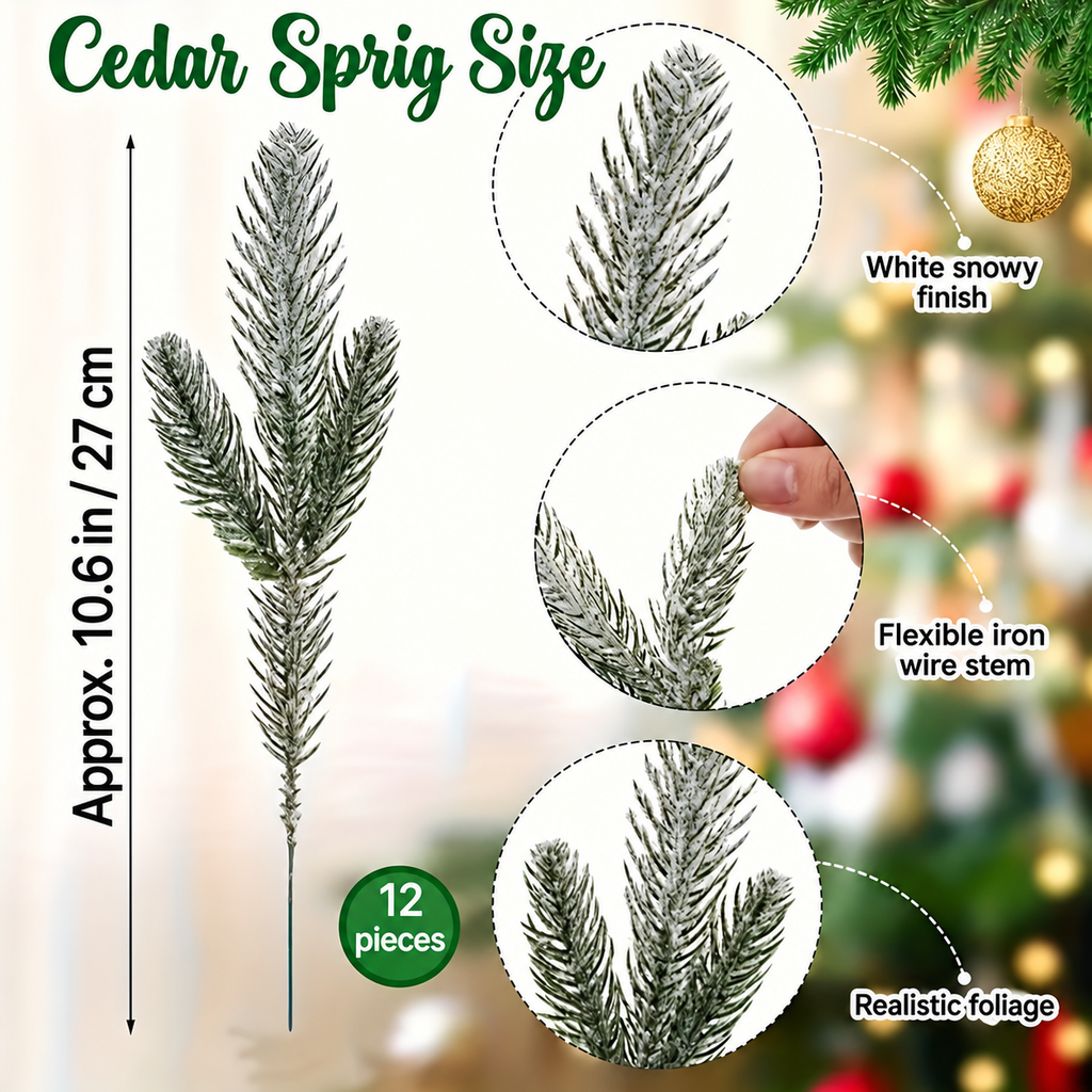 Artificial cedar sprig guide showing 10.6 inch length flexible wire stems and twelve pieces