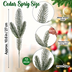 Artificial cedar sprig guide showing 10.6 inch length flexible wire stems and twelve pieces