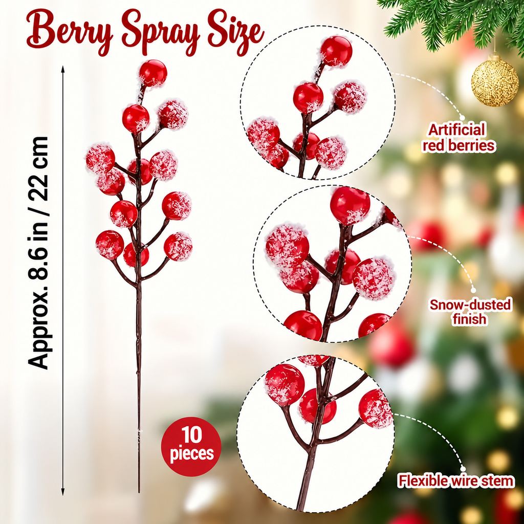 Artificial red berry spray guide showing 8.6 inch length and ten pieces