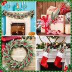 Artificial cedar and berry sprigs collage showing wreath gift mantel and stocking styling