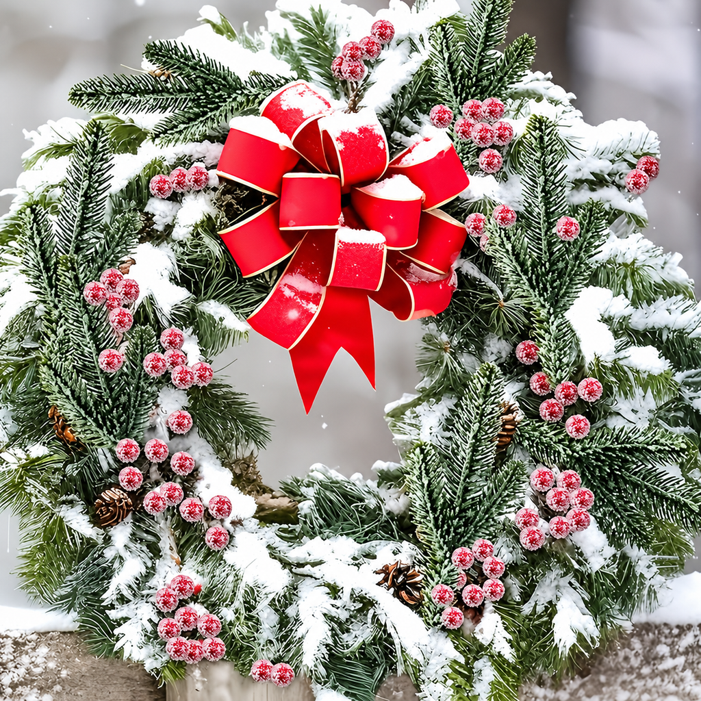 Snowy artificial cedar and red berry sprigs arranged in a wreath with a separate red bow