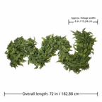 Artificial cedar garland size guide showing 72 inch length and approximately 6 inch foliage width
