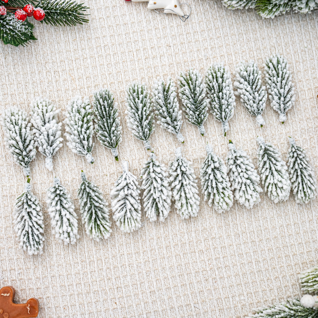 Twenty smaller snow flocked artificial cedar sprigs arranged on fabric