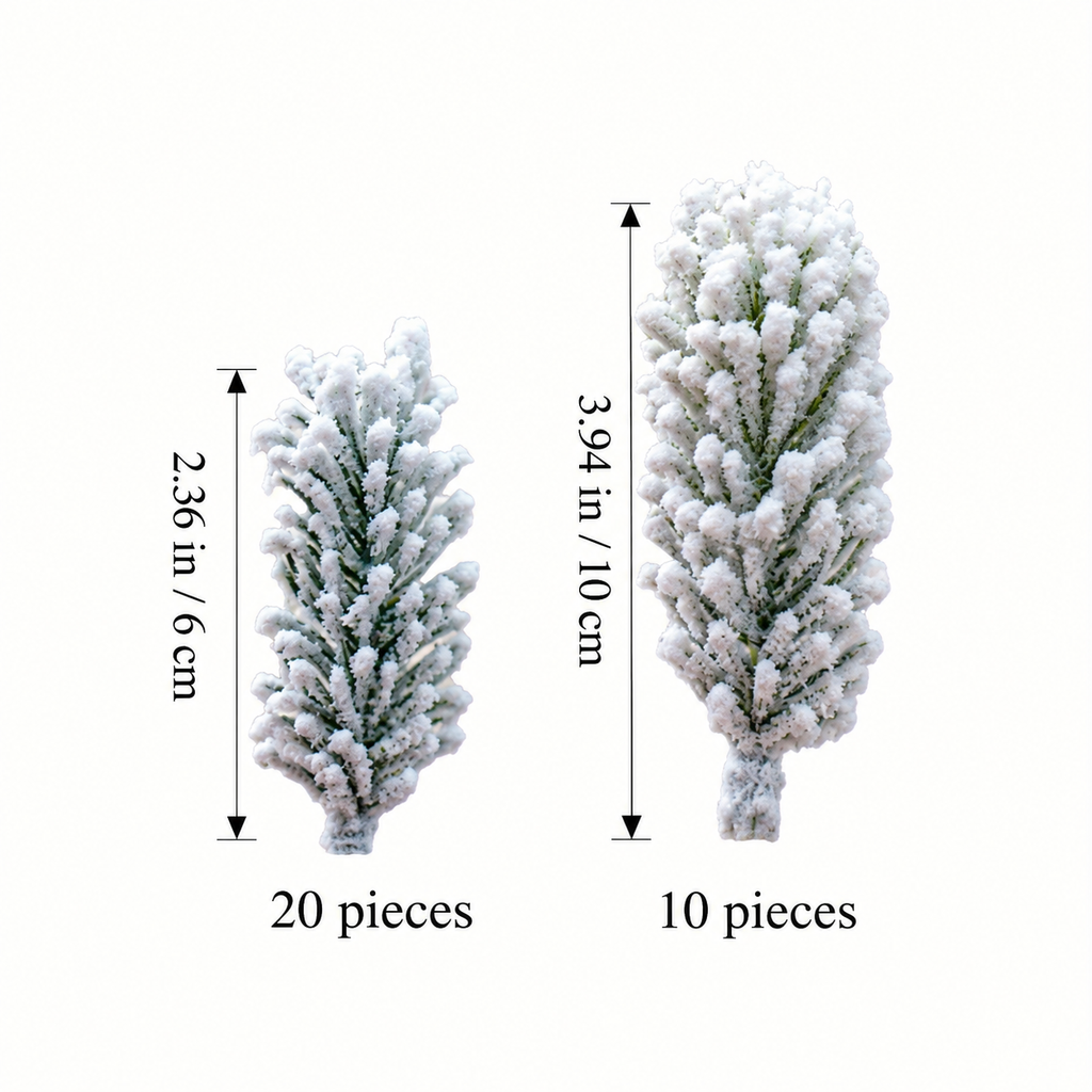 Artificial cedar sprig guide showing 2.36 inch twenty-piece and 3.94 inch ten-piece options