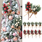 Artificial cedar and berry sprigs collage showing red and white variants and Christmas tree styling