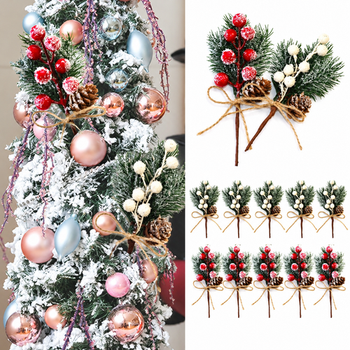Artificial cedar and berry sprigs collage showing red and white variants and Christmas tree styling