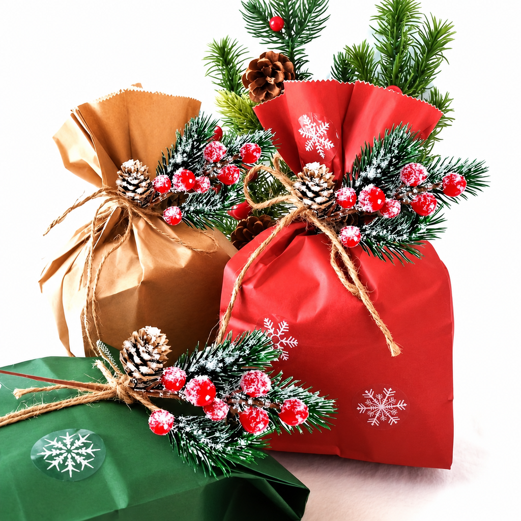 Artificial berry sprigs used as accents on wrapped gifts