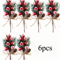 Six artificial cedar sprigs with red berries pinecones and twine bows