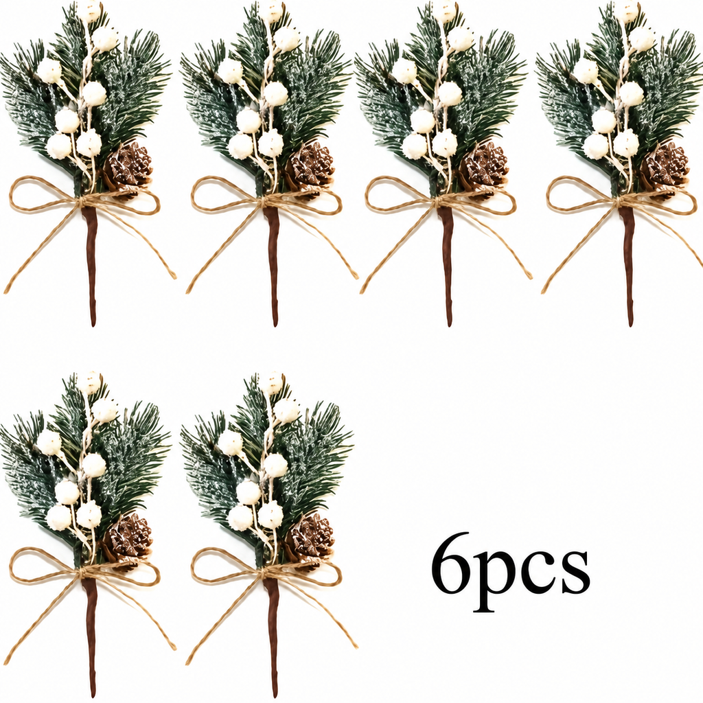 Six artificial cedar sprigs with white berries pinecones and twine bows