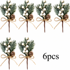 Six artificial cedar sprigs with white berries pinecones and twine bows