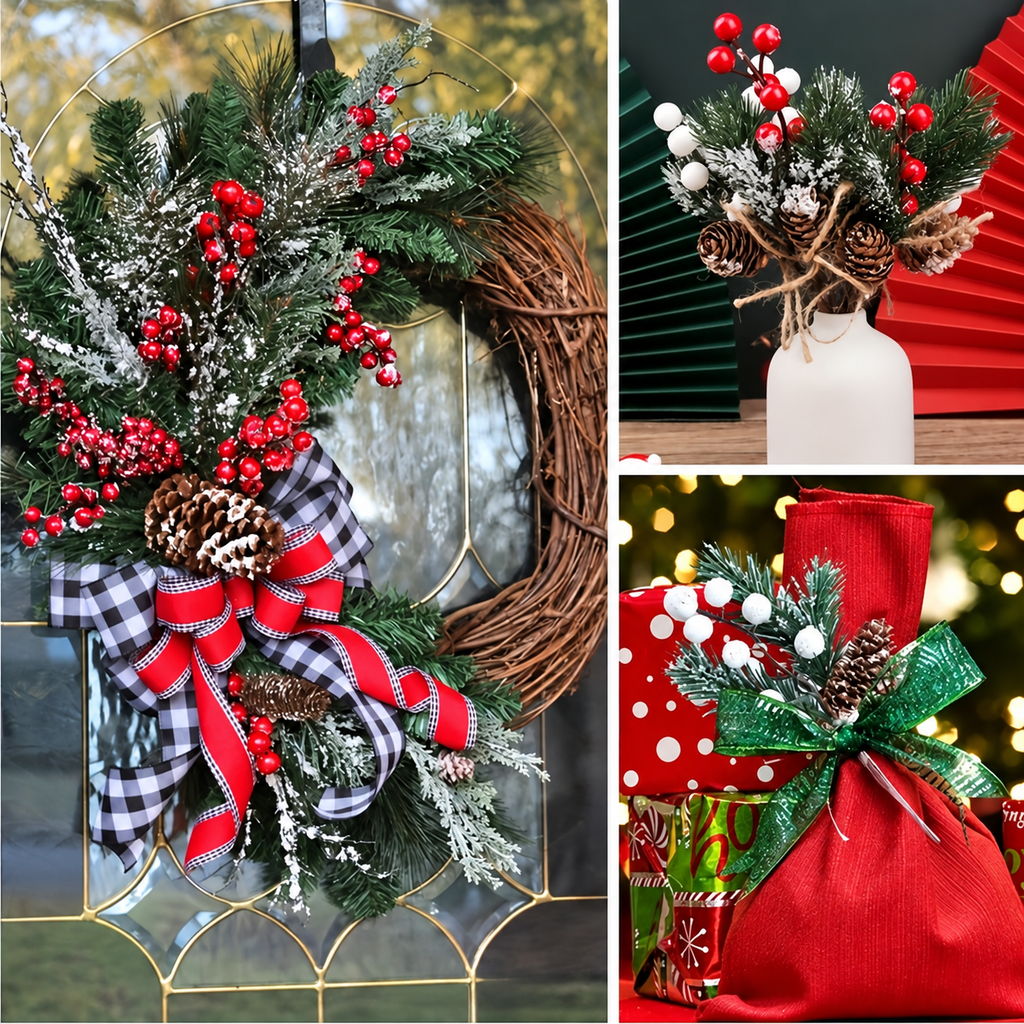 Artificial berry sprigs collage showing wreath vase and gift styling ideas