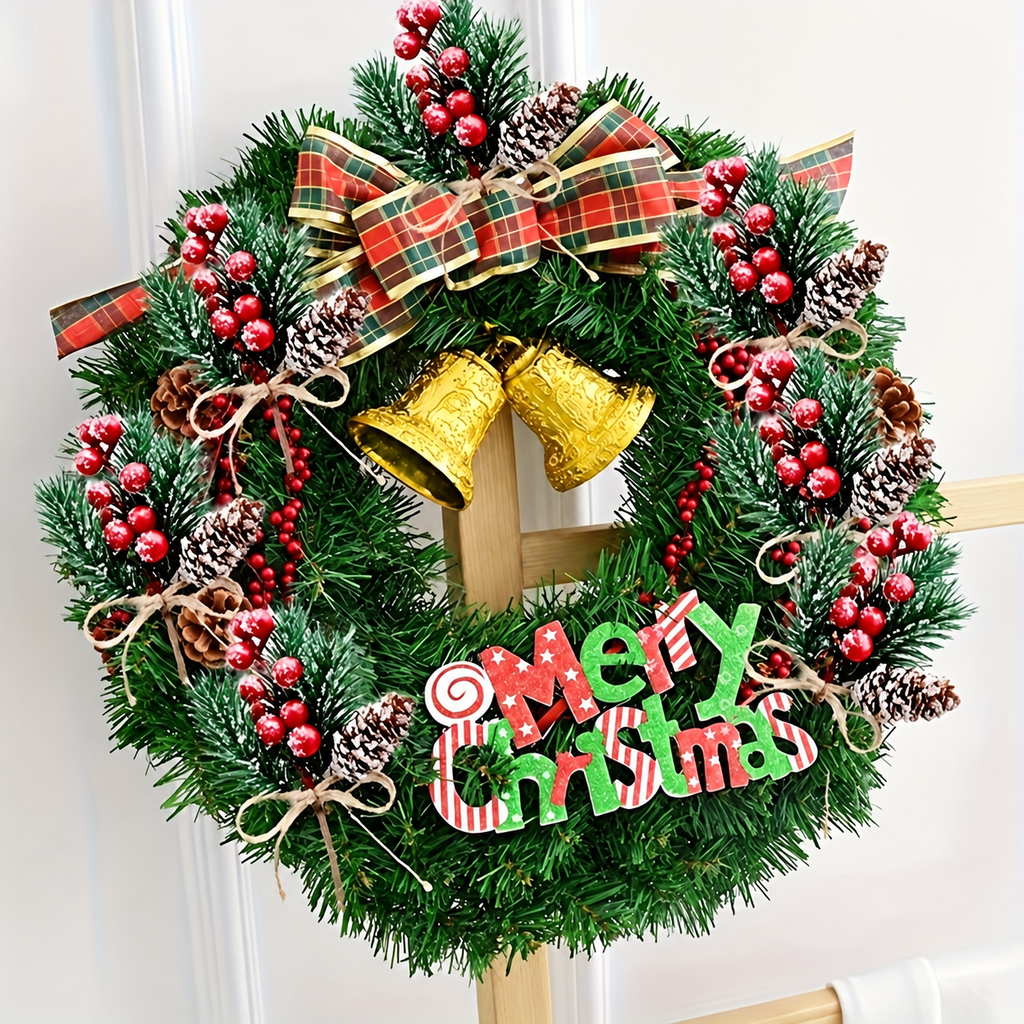 Artificial cedar and red berry sprigs arranged in a decorated Christmas wreath