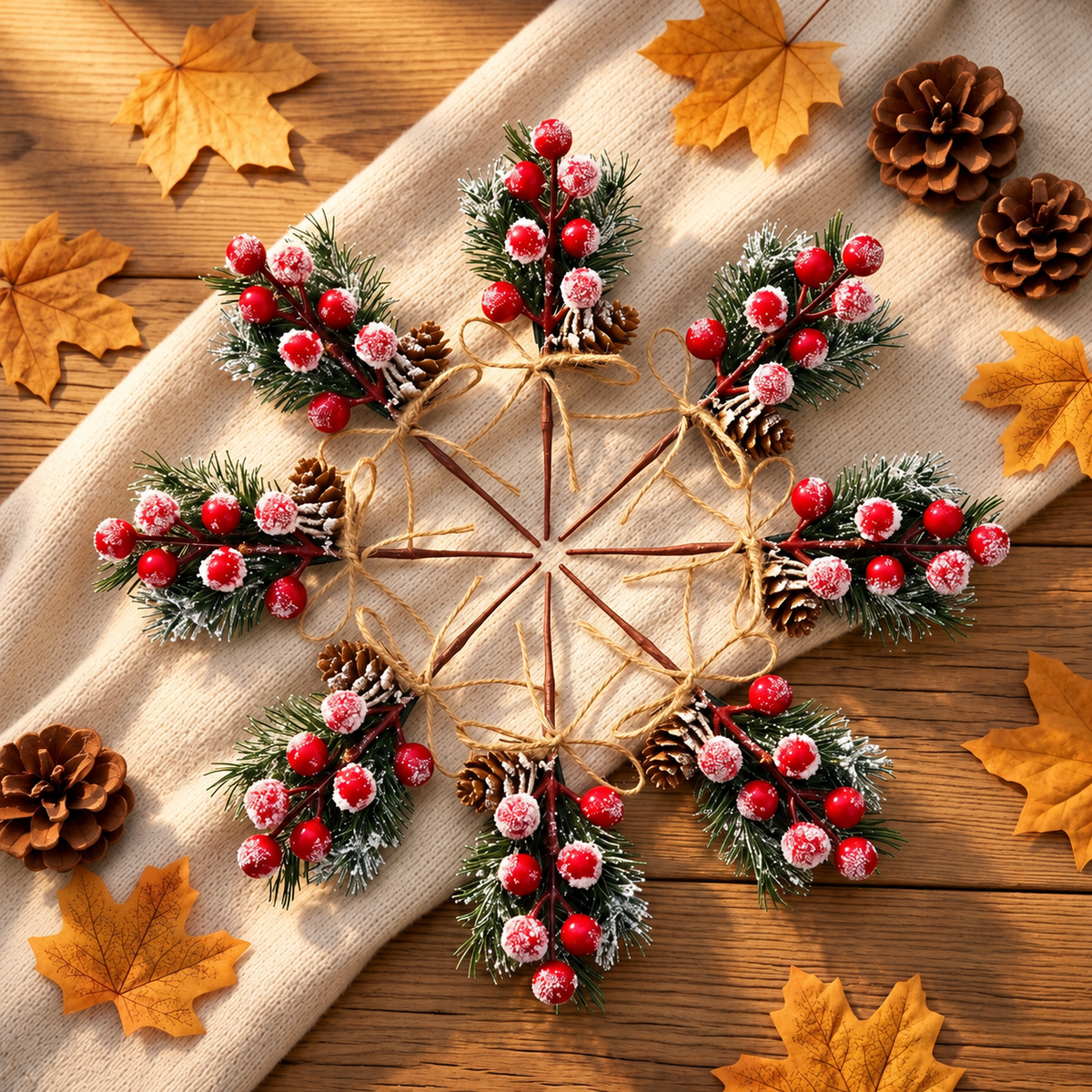 Artificial red berry sprigs in a circular styling arrangement using additional pieces