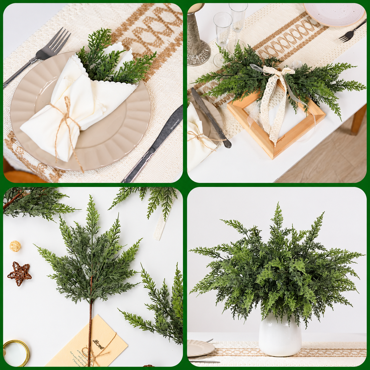 Artificial cedar sprig collage showing napkin gift and tabletop craft ideas