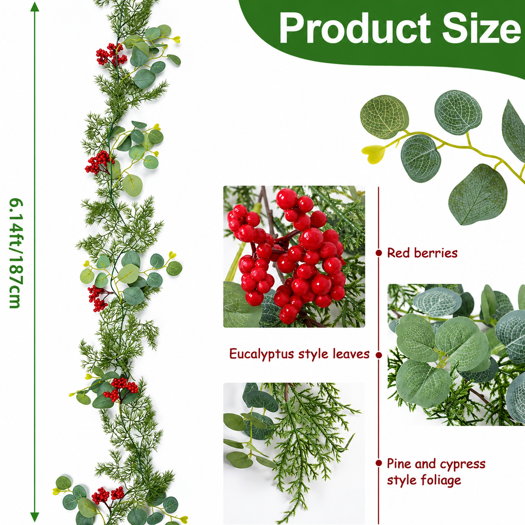 Artificial Christmas garland dimension guide and close-ups of berries and leaf shapes.