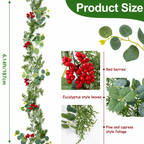 Artificial Christmas garland dimension guide and close-ups of berries and leaf shapes.
