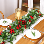 Artificial Christmas garland arranged as a dining table centerpiece.