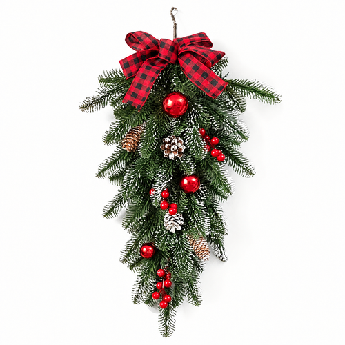 Artificial Christmas teardrop swag with red black plaid bow berries baubles and pinecones