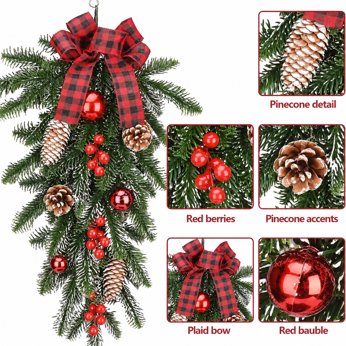Christmas swag detail collage showing pinecones berries plaid bow and red bauble
