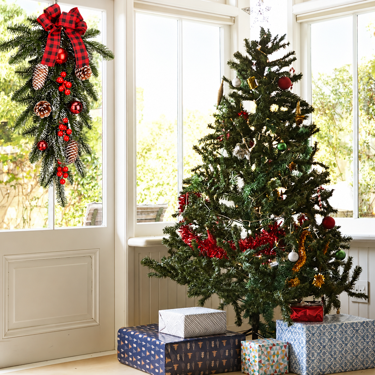 Artificial pine style teardrop swag in a bright room with a Christmas tree